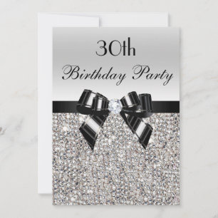 Invitación 30.º cumpleaños Silver Sequin Black Bow Diamond