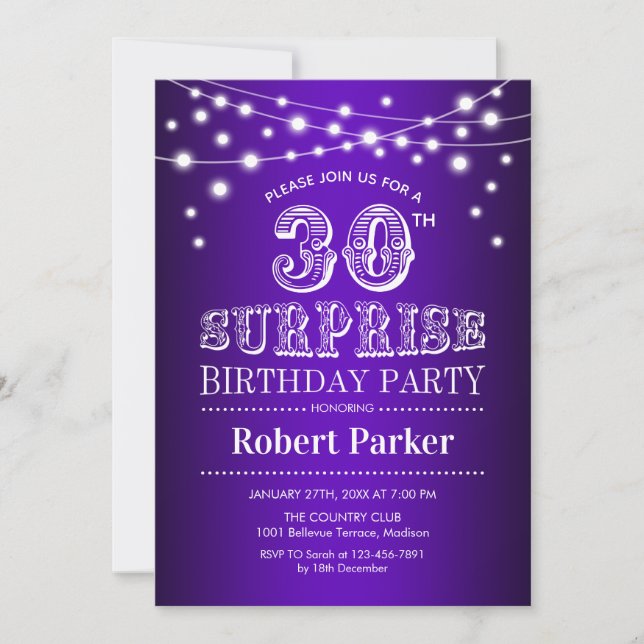 Invitación 30.º cumpleaños sorpresa - Blanco morado (Anverso)