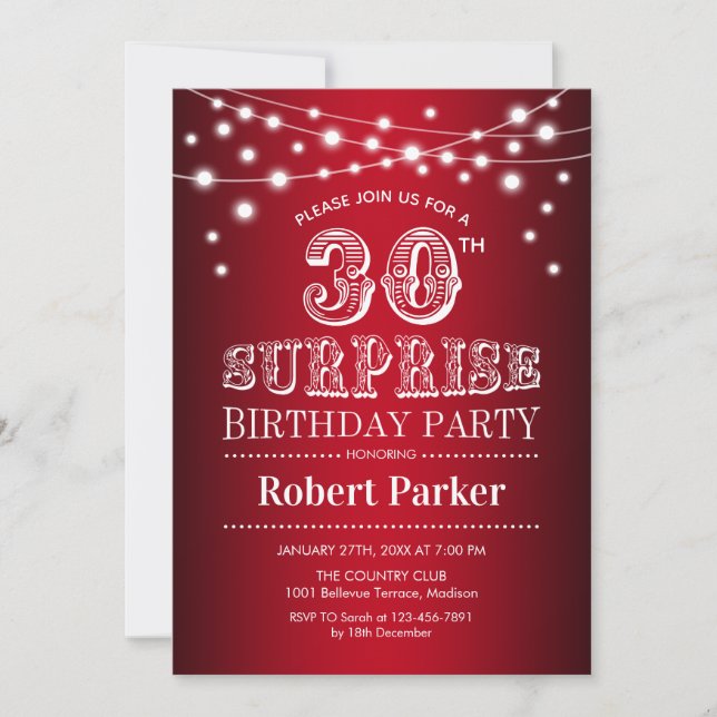 Invitación 30.º cumpleaños sorpresa - Blanco rojo negro (Anverso)