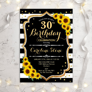 Invitación 30.º cumpleaños - Sunflowers Black White Stripes