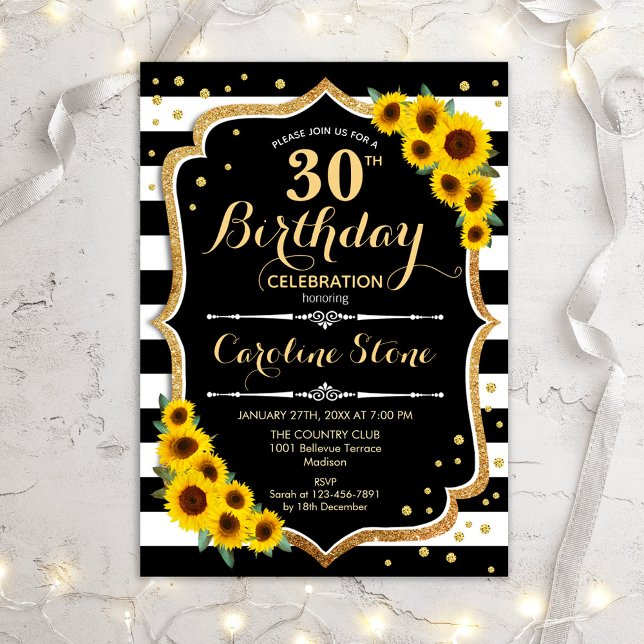 Invitación 30.º cumpleaños - Sunflowers Black White Stripes (Subido por el creador)