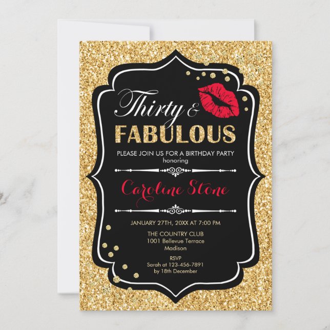 Invitación 30.º cumpleaños - Treinta Fabulosos Oro Negro Rojo (Anverso)