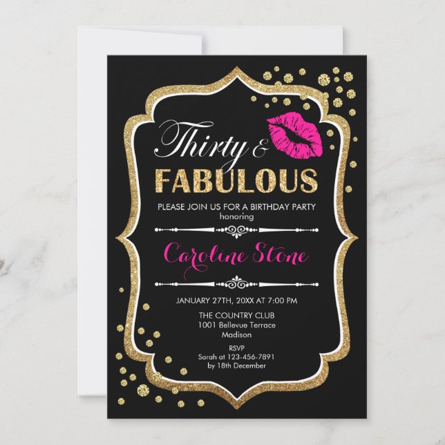 Invitación 30.º cumpleaños - Treinta Fabulosos Oro Negro Rosa (Anverso)