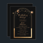Invitación 30.º cumpleaños Treinta Oro Negro Celestial<br><div class="desc">30 cumpleaños Treinta y Treinta centésimas invitaciones de cumpleaños de la luna de oro negro místico celestial invitaciones de cumpleaños a las estrellas de oro, sol dorado, luna y estrellas con un marco dorado sobre un fondo negro. Adentro está la información de invitación de cumpleaños de su personalizado. Diseñado por...</div>