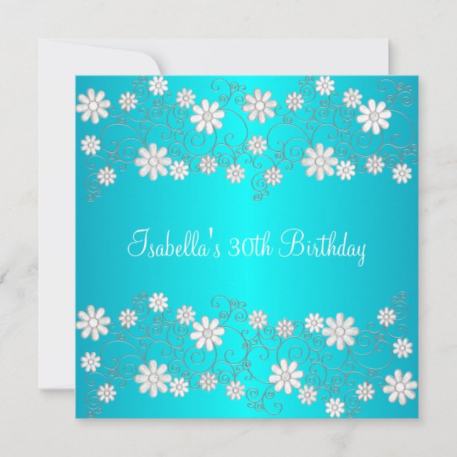 Invitación 30.º cumpleaños Turquesa y Floral blanca (Anverso)