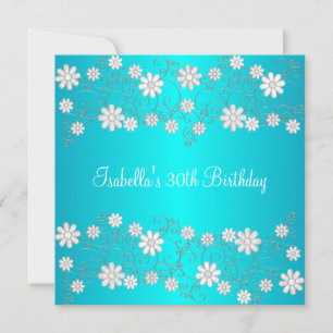 Invitación 30.º cumpleaños Turquesa y Floral blanca