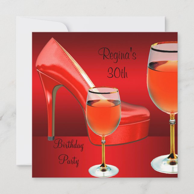 Invitación 30.º cumpleaños Zapatos rojos Hola talones Vino Vi (Anverso)