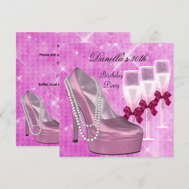 Invitación 30.º cumpleaños zapatos rosados Hi Heels Champagne (Anverso / Reverso)