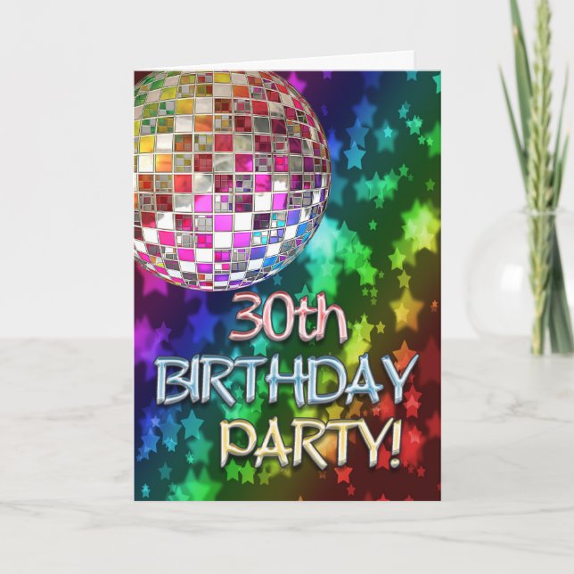 Invitación 30.º fiesta con bola disco y arco iris de estrella (Anverso)