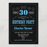 Invitación 30.º Fiesta de cumpleaños - Azul negro<br><div class="desc">30.ª Invitación a la fiesta de cumpleaños. Elegante diseño retro negro,  azul,  blanco con diseño de pizarra y fuente de guión. ¡Salud a 30 años! Mándame un mensaje si necesitas más personalización.</div>