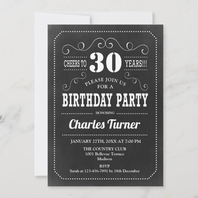 Invitación 30.º Fiesta de cumpleaños - Blanco negro de pizarr (Anverso)
