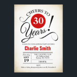 Invitación 30.º Fiesta de cumpleaños - Blanco negro rojo<br><div class="desc">30.ª invitación a la fiesta de cumpleaños en negro blanco rojo con un fondo retro cremoso. ¡Salud a 30 años! Se puede personalizar en cualquier año. Por favor,  envíeme un mensaje si necesita más personalización.</div>
