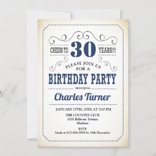 Invitación 30.º Fiesta de cumpleaños - Blanco y marina retro 