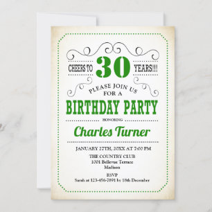 Invitación 30.º Fiesta de cumpleaños - Blanco y verde retro c
