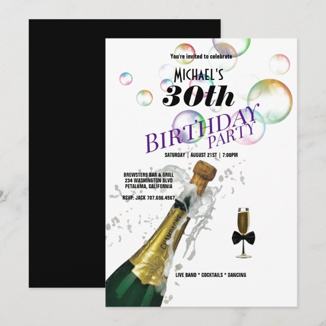 Invitación 30.º Fiesta de cumpleaños Botella de champán y vid (Anverso / Reverso)