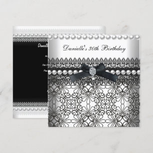 Invitación 30.º Fiesta de cumpleaños Damask Perla Blanca Negr