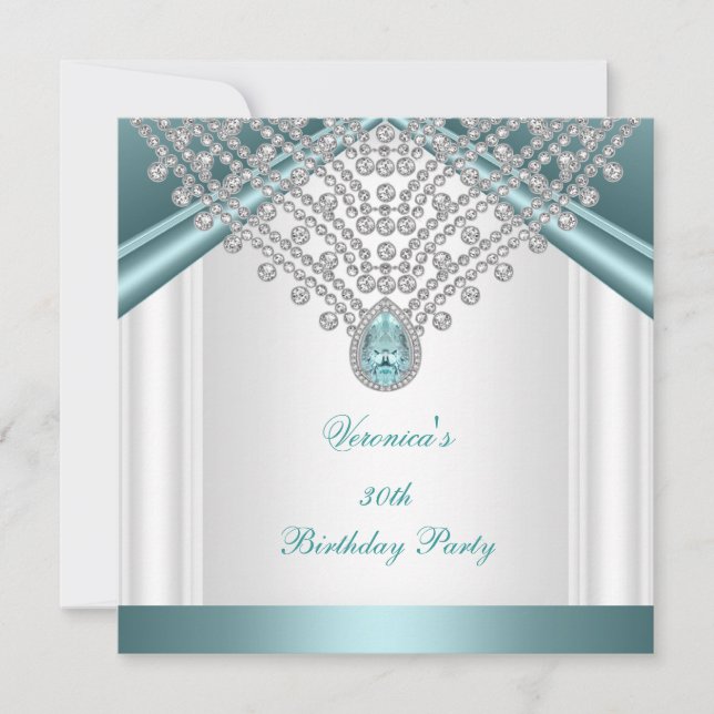 Invitación 30.º Fiesta de cumpleaños Diamantes blancos azules (Anverso)