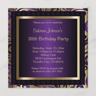 Invitación 30.º Fiesta de cumpleaños   Elegante morado y oro