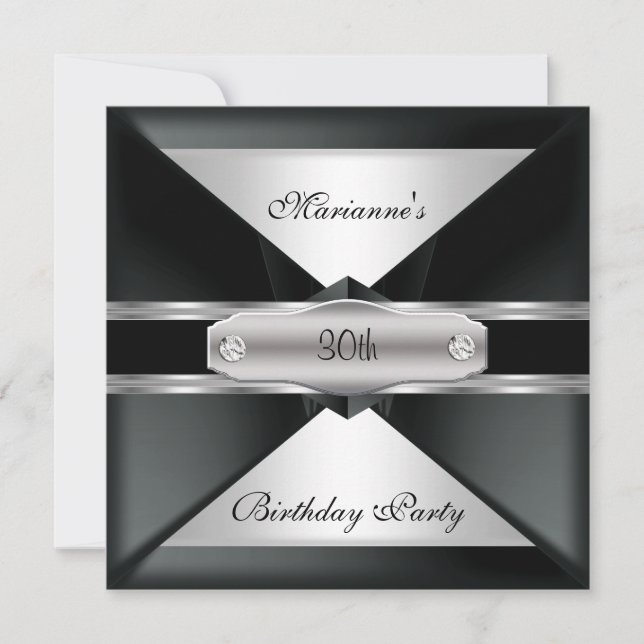 Invitación 30.º Fiesta de cumpleaños elegante plata negra en  (Anverso)