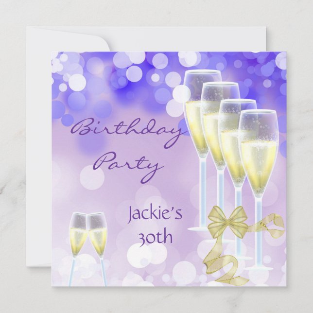 Invitación 30.º Fiesta de cumpleaños Gafas de champán morado (Anverso)