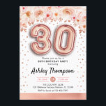 Invitación 30.º Fiesta de cumpleaños - Globos de oro Rosa<br><div class="desc">30.ª invitación a la fiesta de cumpleaños. Elegante diseño en falso oro rosa purpurina con acento floral. Invitar tarjeta con rosa de oro número 30 globos, letra de guión con confeti. Rosa de coral Rubor, blanco. Perfecto para una elegante celebración de los 30 días. Mándame un mensaje si necesitas edad...</div>