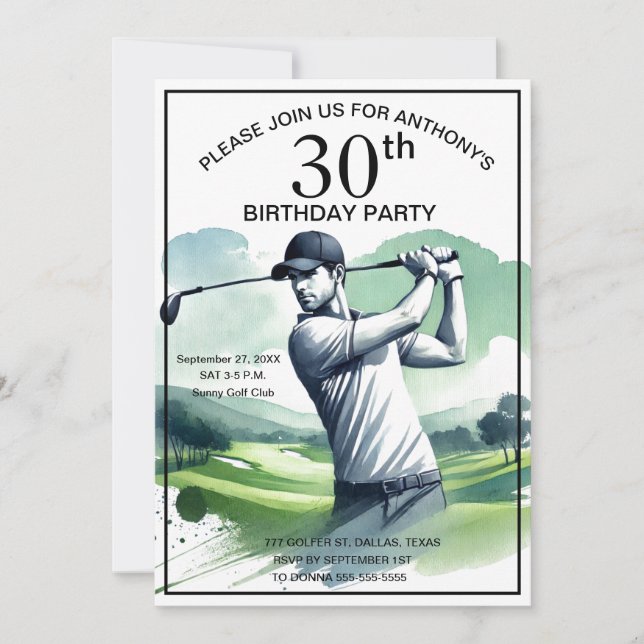 Invitación 30.º Fiesta de cumpleaños Golfer Par Sports Golf (Anverso)