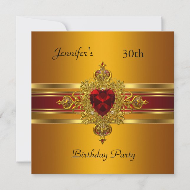 Invitación 30.º Fiesta de cumpleaños Joya roja de oro amarill (Anverso)