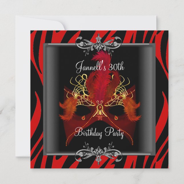 Invitación 30.º Fiesta de cumpleaños máscara negra de cebra r (Anverso)