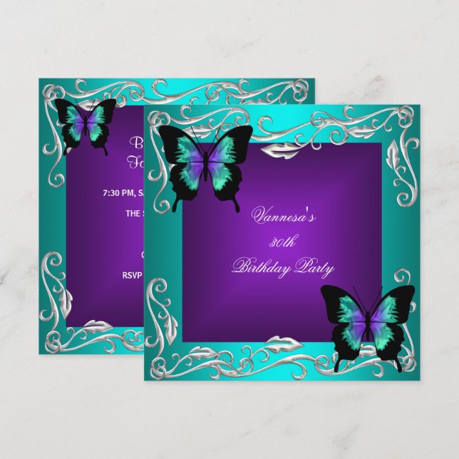 Invitación 30.º Fiesta de cumpleaños Morado Verde azulado mar (Anverso / Reverso)