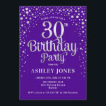 Invitación 30.º Fiesta de cumpleaños - Morado y Plata<br><div class="desc">30.ª Invitación a la fiesta de cumpleaños. Elegante diseño en púrpura real y purpurina de plata falsa. Presenta un diseño elegante de tipo de letra y letra de guión. Mándame un mensaje si necesitas edad personalizado.</div>