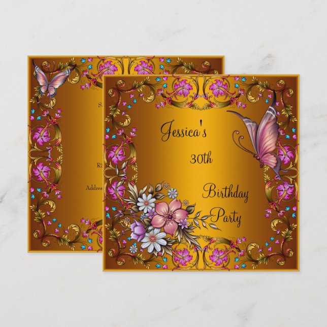 Invitación 30.º Fiesta de cumpleaños oro mariposa floral rosa (Anverso / Reverso)