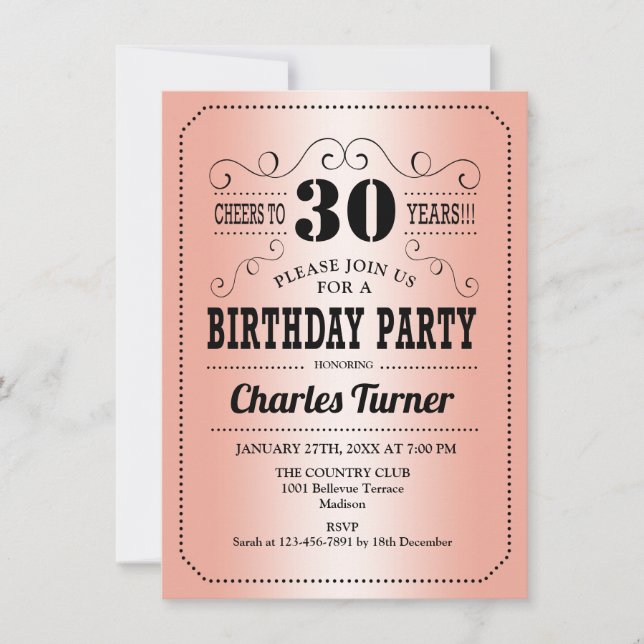 Invitación 30.º Fiesta de cumpleaños - Oro Rosa (Anverso)