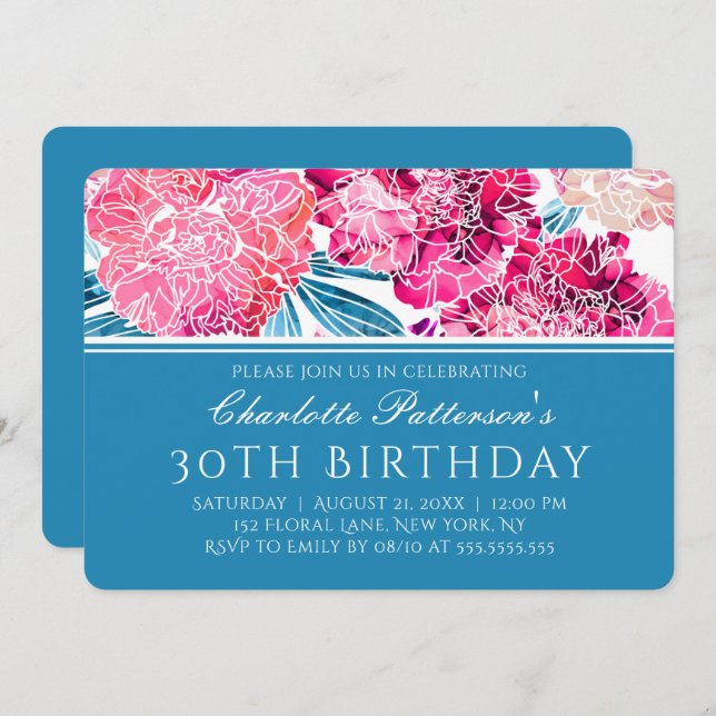Invitación 30.º Fiesta de cumpleaños Patrón floral rosa elega (Anverso / Reverso)
