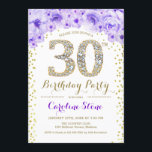 Invitación 30.º Fiesta de cumpleaños - Púrpura de oro blanco<br><div class="desc">30.ª Invitación a la fiesta de cumpleaños Diseño elegante en oro falso purpurina,  morado y blanco. Elegante invitación floral con diamantes y rosas. Perfecto para una celebración de glam. Por favor,  envíeme un mensaje si necesita más personalización.</div>
