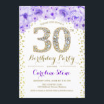 Invitación 30.º Fiesta de cumpleaños - Púrpura de oro blanco<br><div class="desc">30.ª Invitación a la fiesta de cumpleaños Diseño elegante en oro falso purpurina,  morado y blanco. Elegante invitación floral con diamantes y rosas. Perfecto para una celebración de glam. Por favor,  envíeme un mensaje si necesita más personalización.</div>