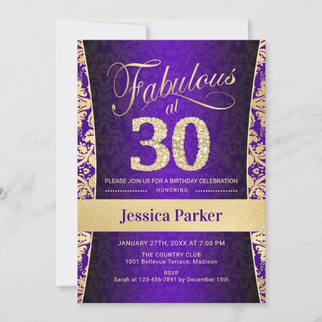 Invitación 30.º Fiesta de cumpleaños - Púrpura dorada (Anverso)