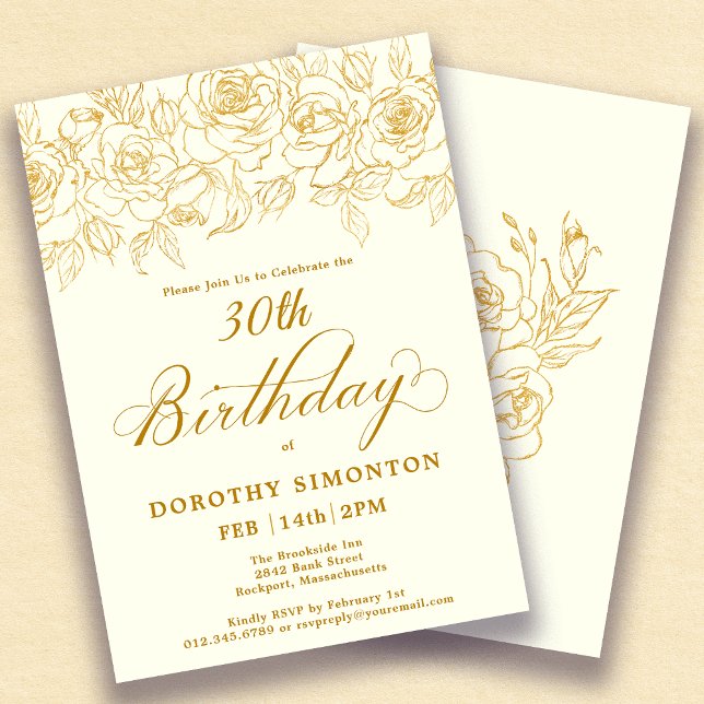 Invitación 30.º Fiesta de cumpleaños Rosa de oro Floral Ivory (Subido por el creador)
