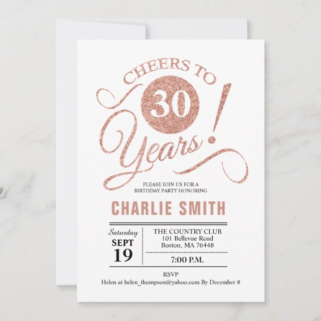 Invitación 30.º Fiesta de cumpleaños - Rosa Oro Blanco (Anverso)