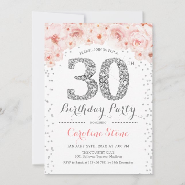 Invitación 30.º Fiesta de cumpleaños - Rosa Plata Blanca (Anverso)