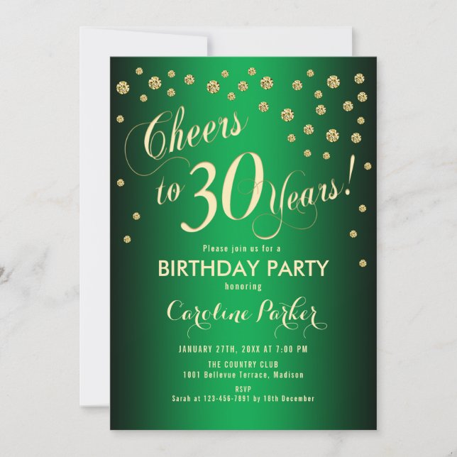 Invitación 30.º Fiesta de cumpleaños - Verde de oro (Anverso)