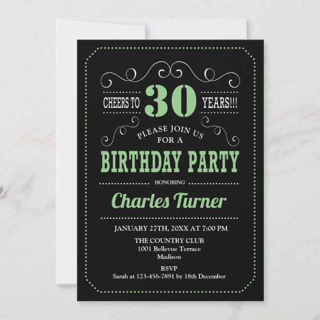 Invitación 30.º Fiesta de cumpleaños - Verde negro (Anverso)