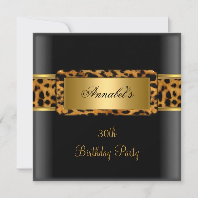 Invitación 30.º Fiesta de cumpleaños Zebra Gold Black Leopard (Anverso)