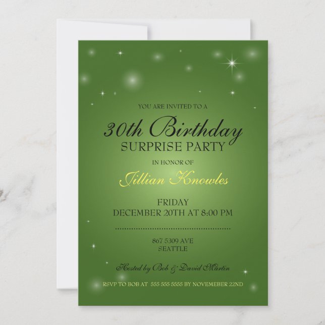Invitación 30.º Fiesta de sorpresa de cumpleaños, Emerald Gre (Anverso)