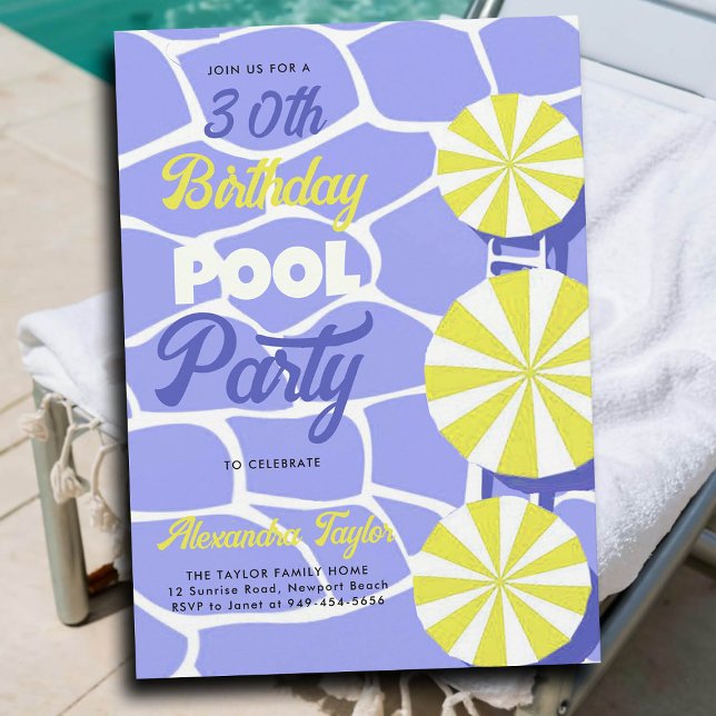 Invitación 30.º Fiesta de verano de natalidad Lime púrpura (30th birthday party ideas for women pool umbrellas purple yellow personalized invitation summer fun)
