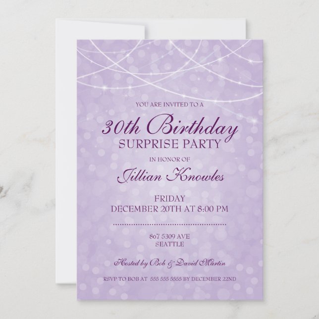Invitación 30.º Fiesta sorpresa de cumpleaños Mauve Bokeh (Anverso)