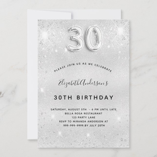 Invitación 30.º glamoroso purpurina de plata (Anverso)