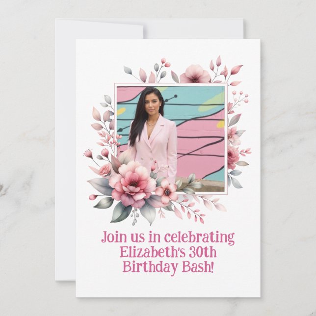 Invitación 30.º marco floral de un Personalizado Fiesta de cu (Anverso)