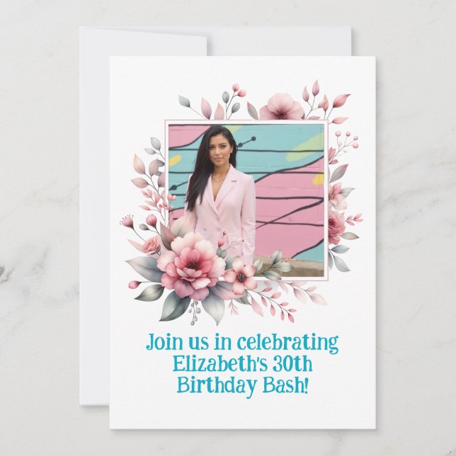 Invitación 30.º marco floral de un Personalizado Fiesta de cu (Anverso)