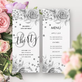 Invitación 30.º menú de cumpleaños Purpurina floral plateado