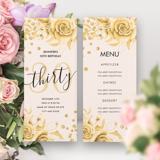 Invitación 30.º menú de cumpleaños Purpurina Gold Floral (30th Birthday Menu Gold Floral Glitter Invitation)